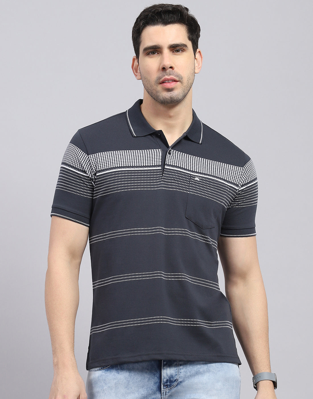 Men Charcoal Stripe Polo Collar Half Sleeve T-Shirt