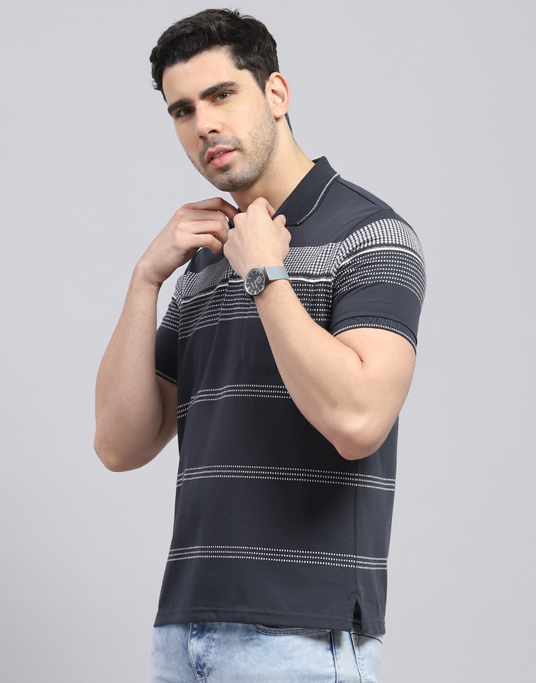 Men Charcoal Stripe Polo Collar Half Sleeve T-Shirt