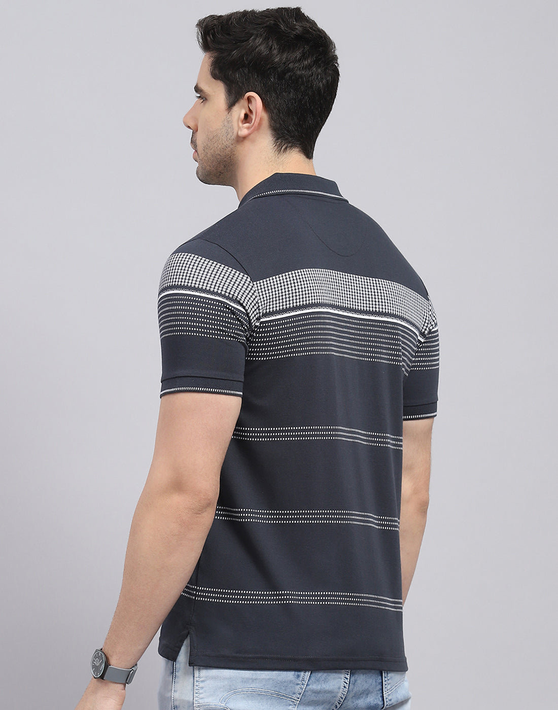 Men Charcoal Stripe Polo Collar Half Sleeve T-Shirt