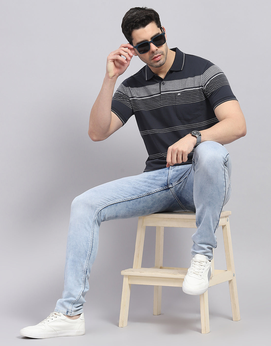 Men Charcoal Stripe Polo Collar Half Sleeve T-Shirt