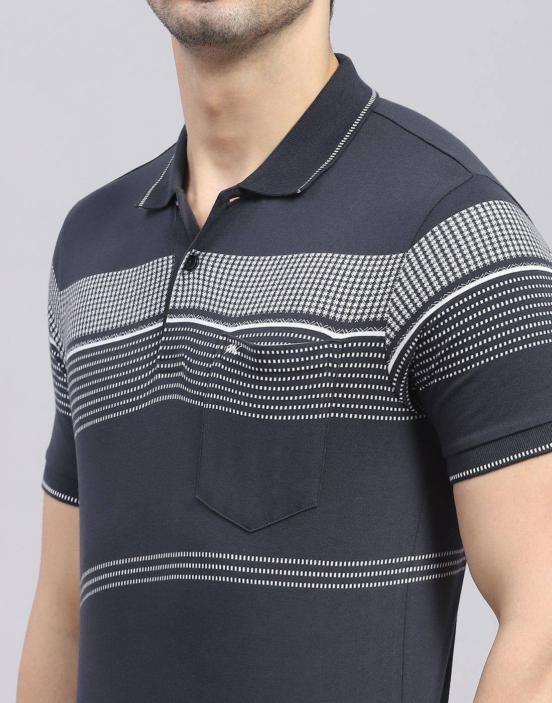 Men Charcoal Stripe Polo Collar Half Sleeve T-Shirt