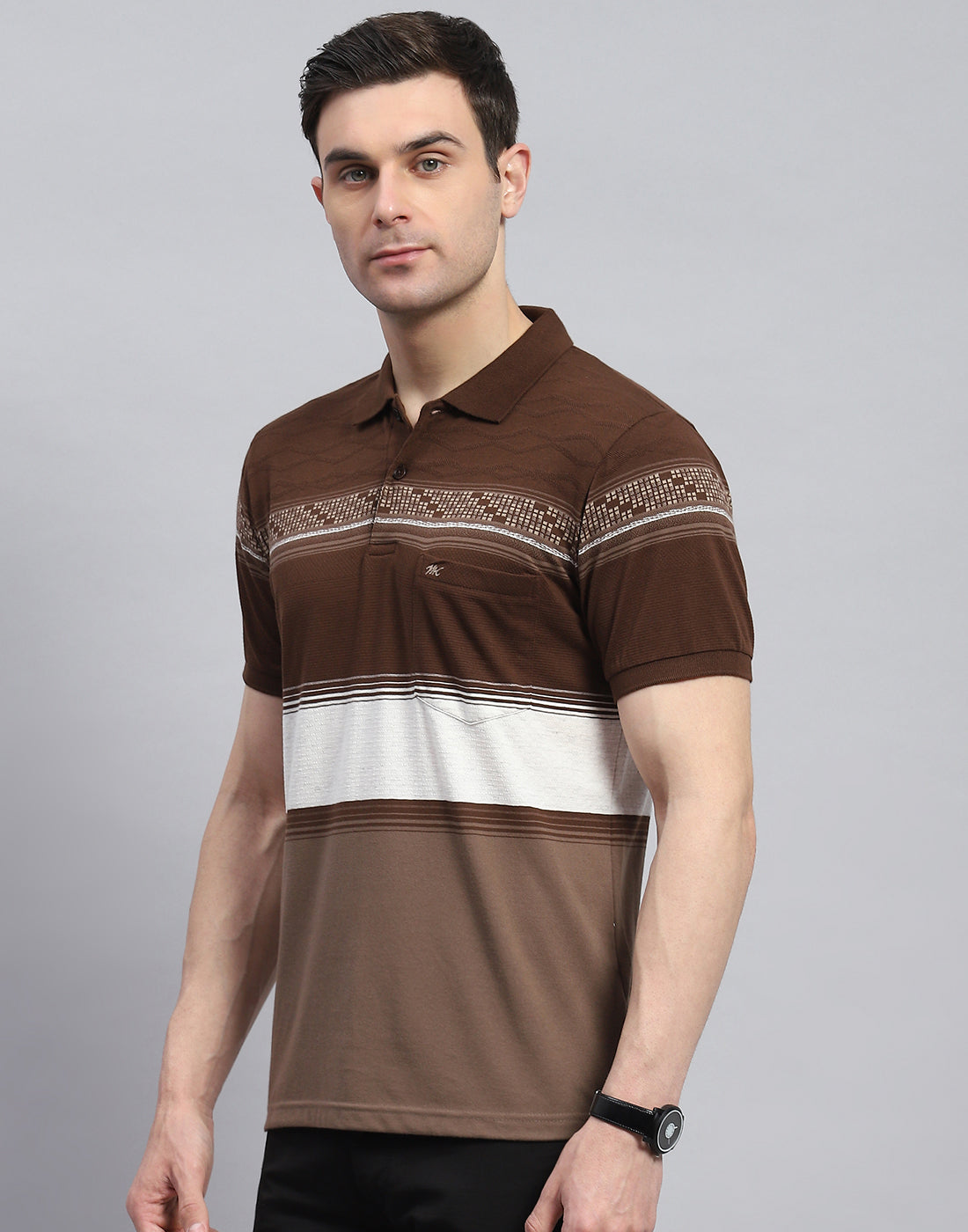 Men Brown Stripe Polo Collar Half Sleeve T-Shirt
