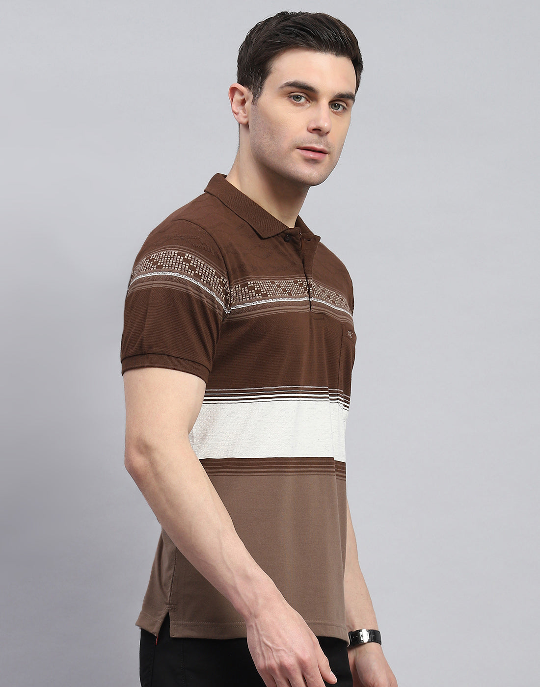 Men Brown Stripe Polo Collar Half Sleeve T-Shirt