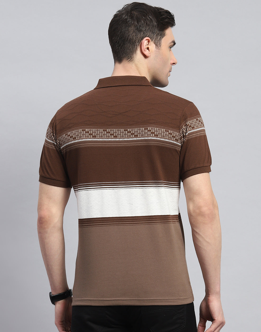 Men Brown Stripe Polo Collar Half Sleeve T-Shirt
