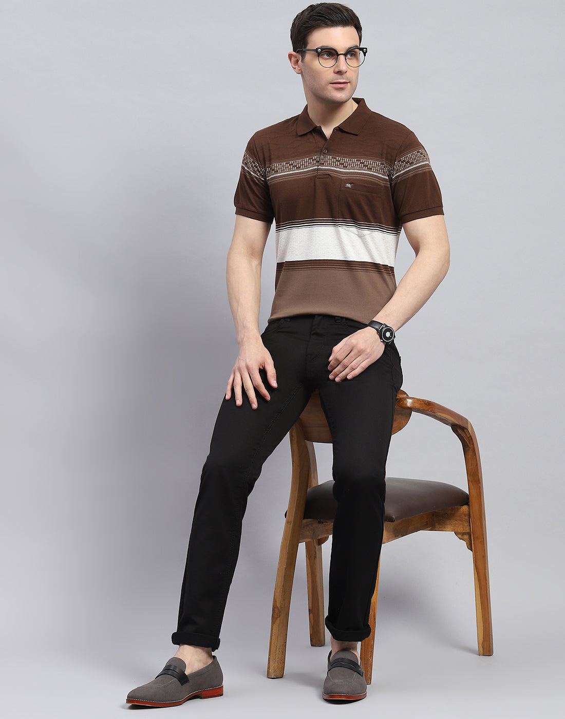 Men Brown Stripe Polo Collar Half Sleeve T-Shirt