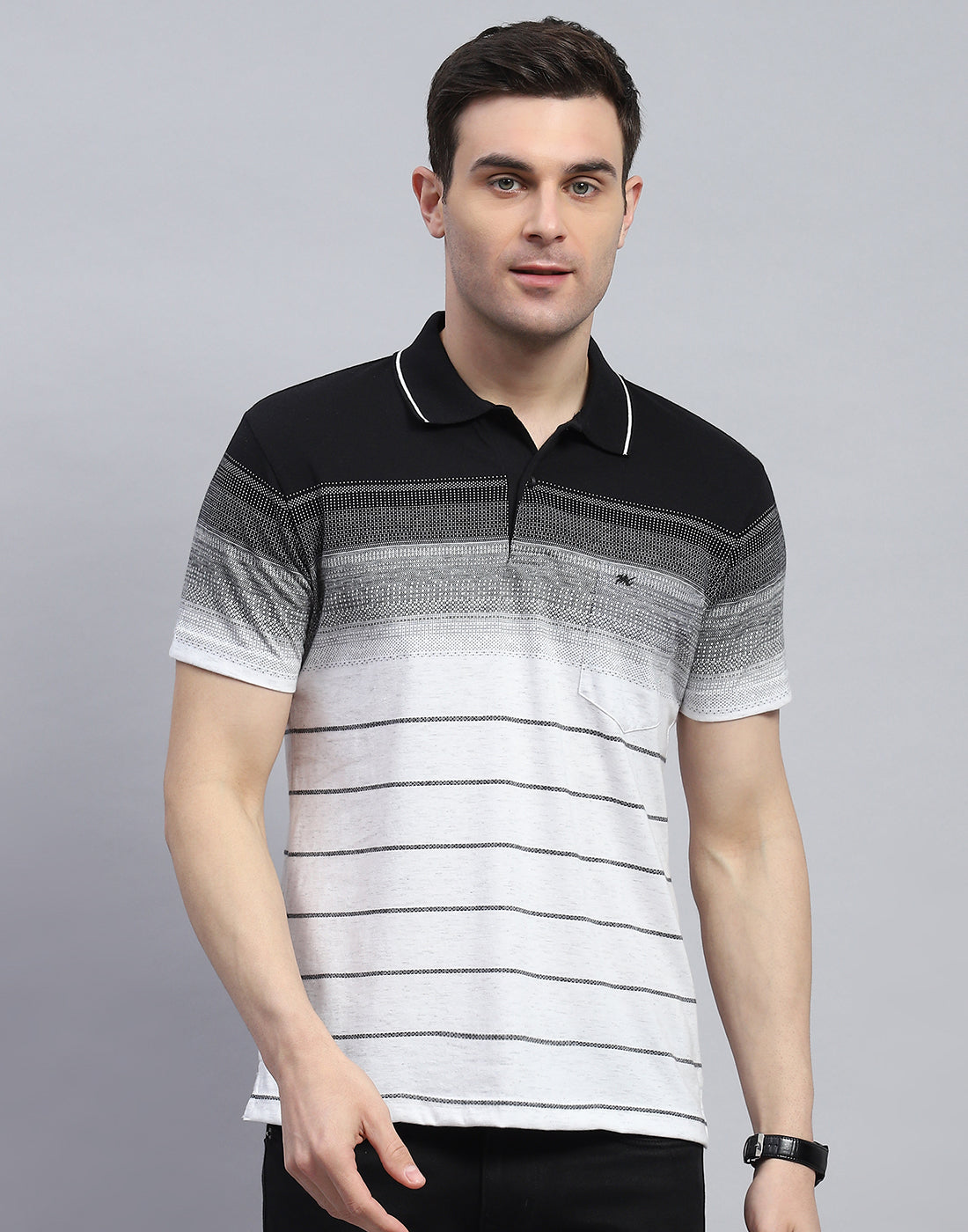 Men Black Stripe Polo Collar Half Sleeve T-Shirt