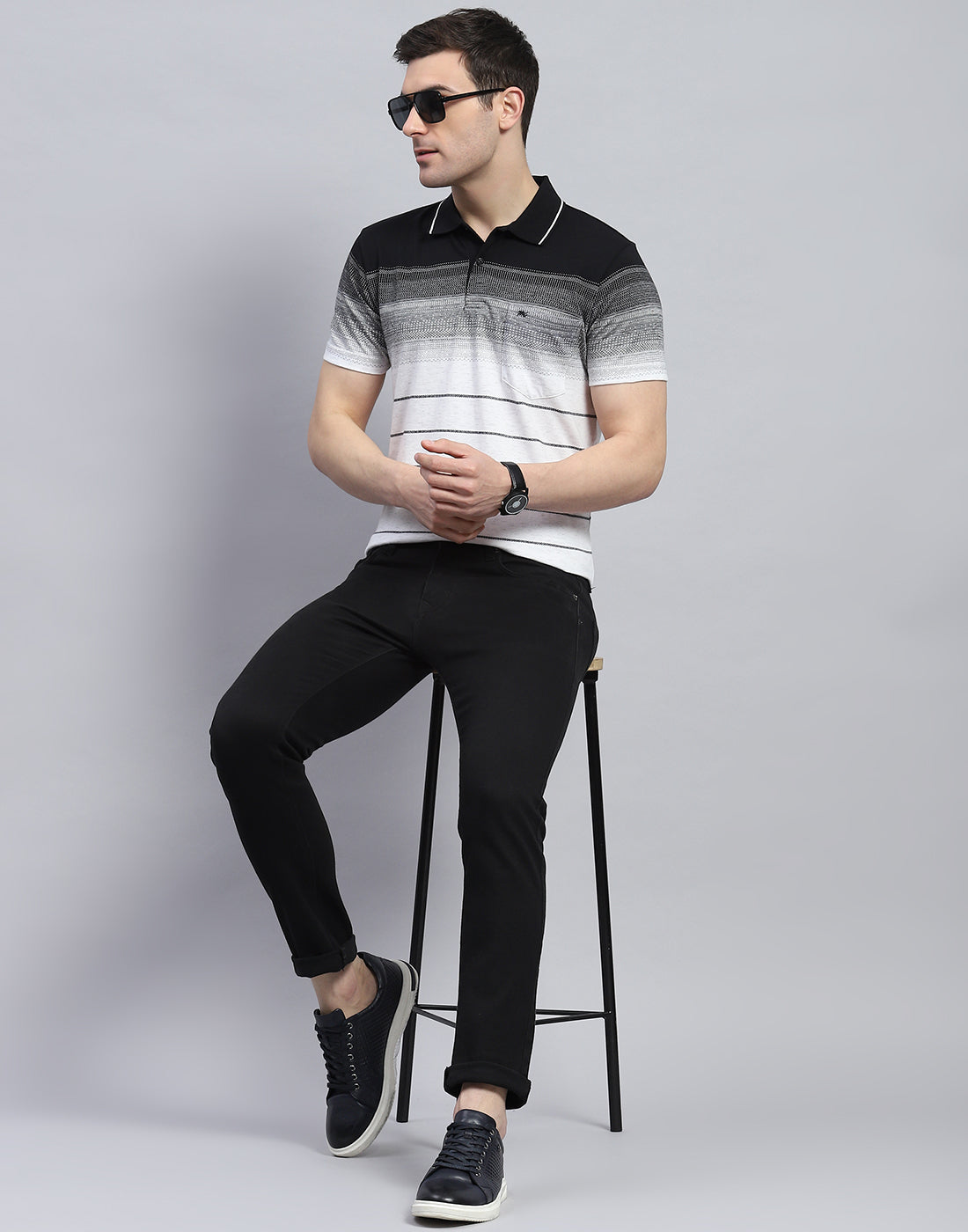 Men Black Stripe Polo Collar Half Sleeve T-Shirt