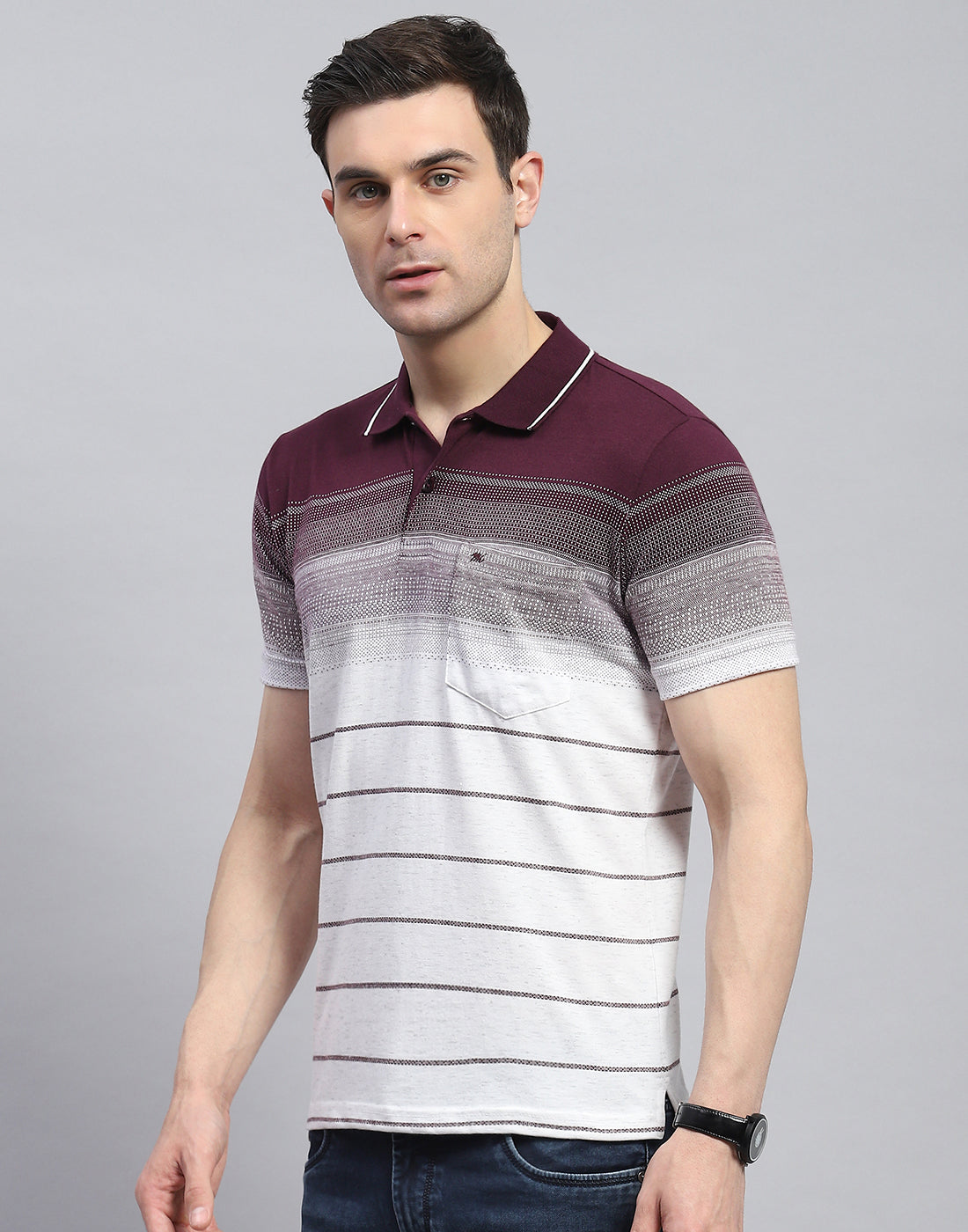 Men Maroon Stripe Polo Collar Half Sleeve T-Shirt