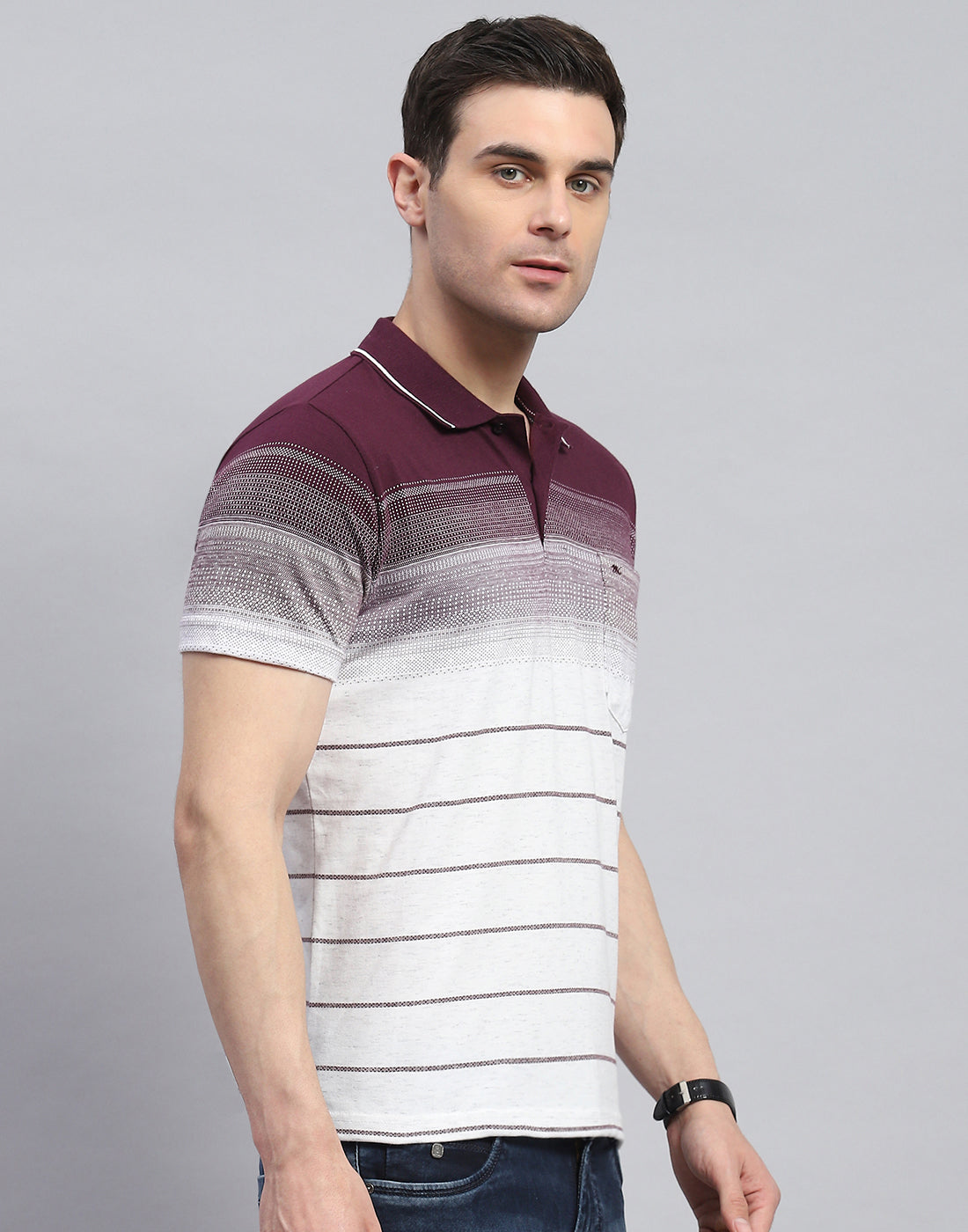 Men Maroon Stripe Polo Collar Half Sleeve T-Shirt