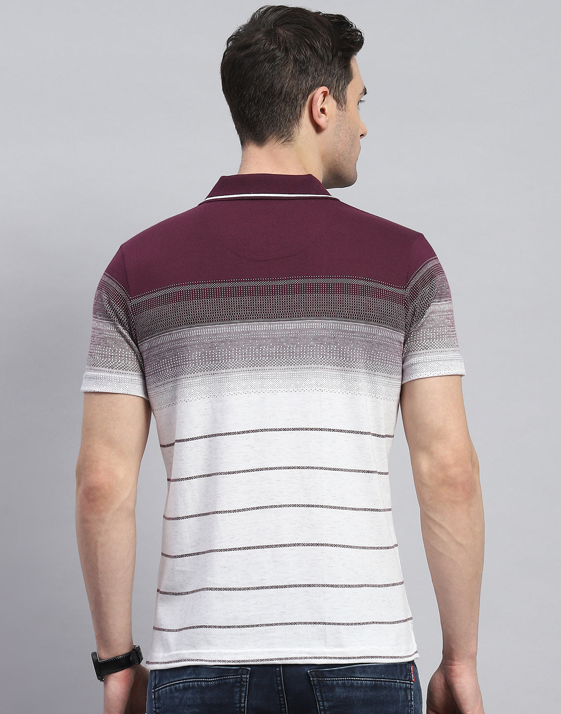 Men Maroon Stripe Polo Collar Half Sleeve T-Shirt