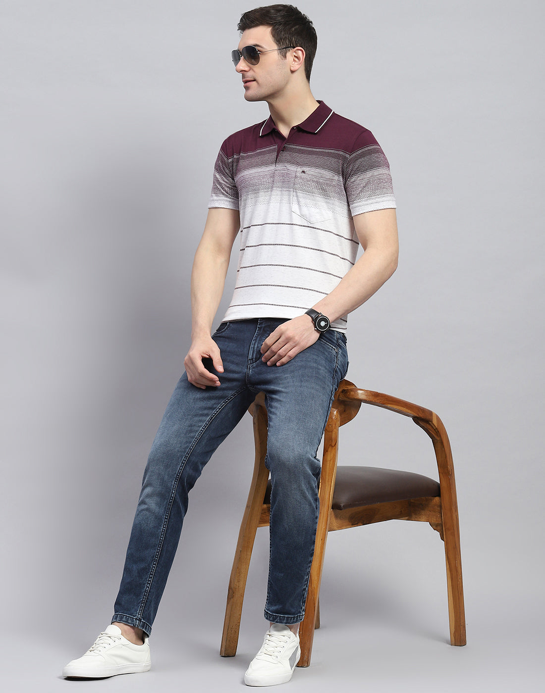 Men Maroon Stripe Polo Collar Half Sleeve T-Shirt