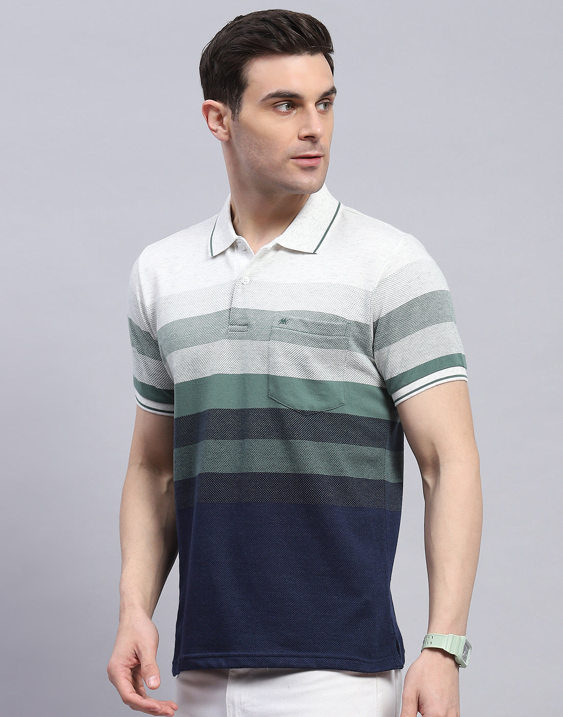 Men Green Stripe Polo Collar Half Sleeve T-Shirt