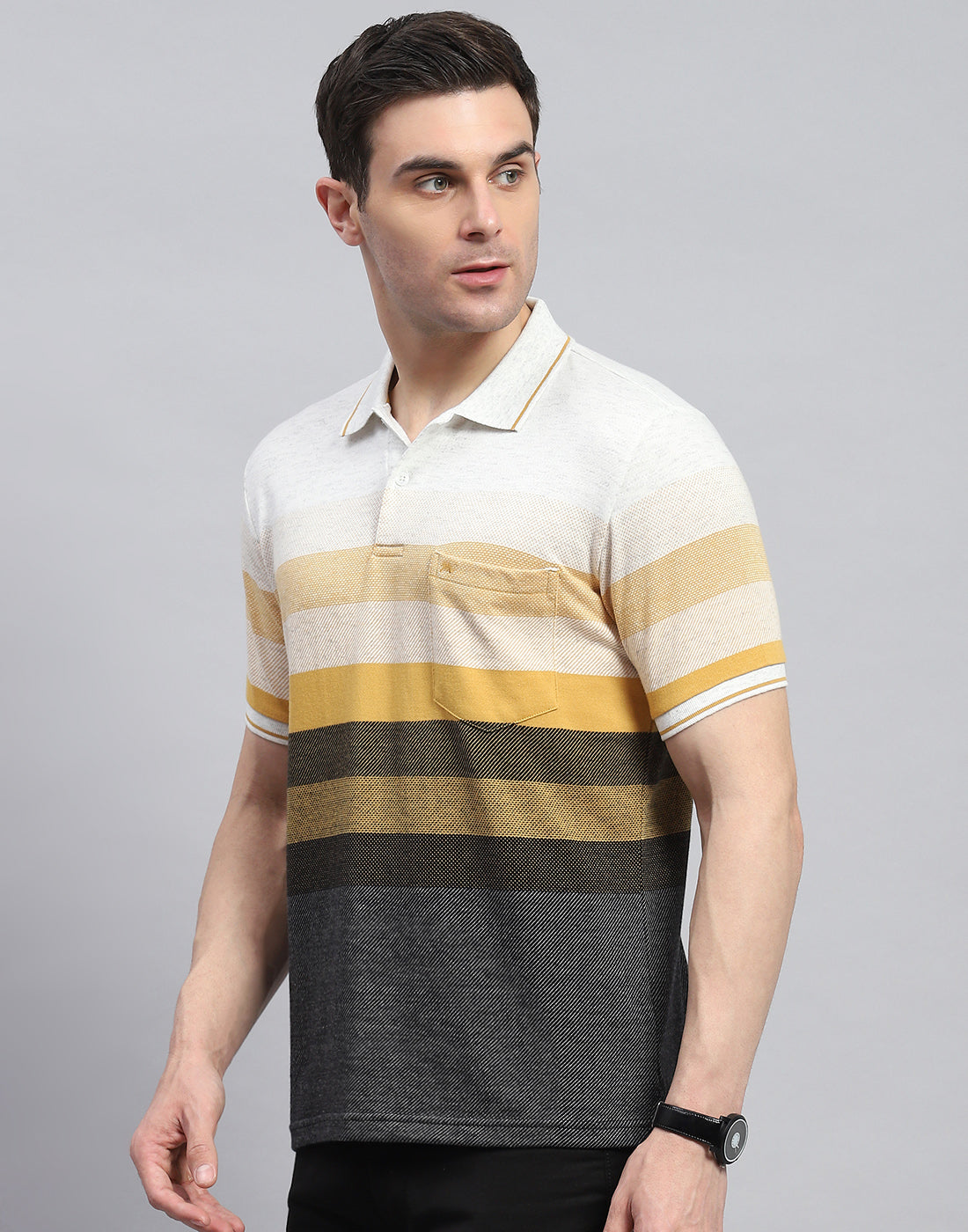 Men Yellow Stripe Polo Collar Half Sleeve T-Shirt