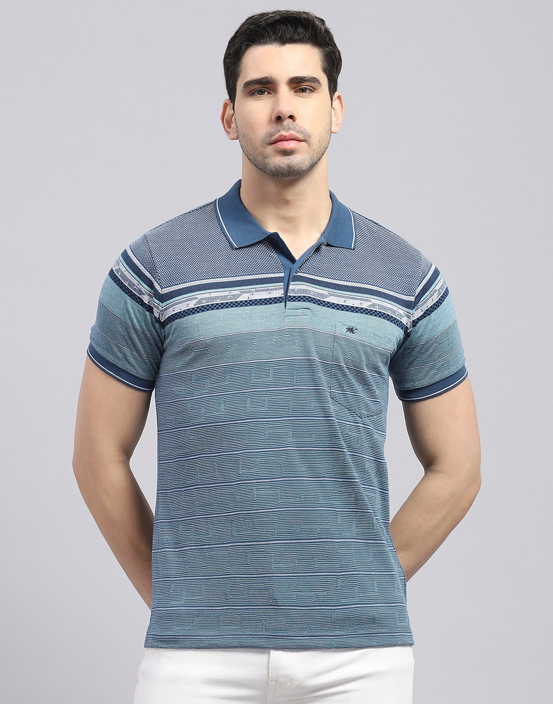 Men Blue Stripe Polo Collar Half Sleeve T-Shirt