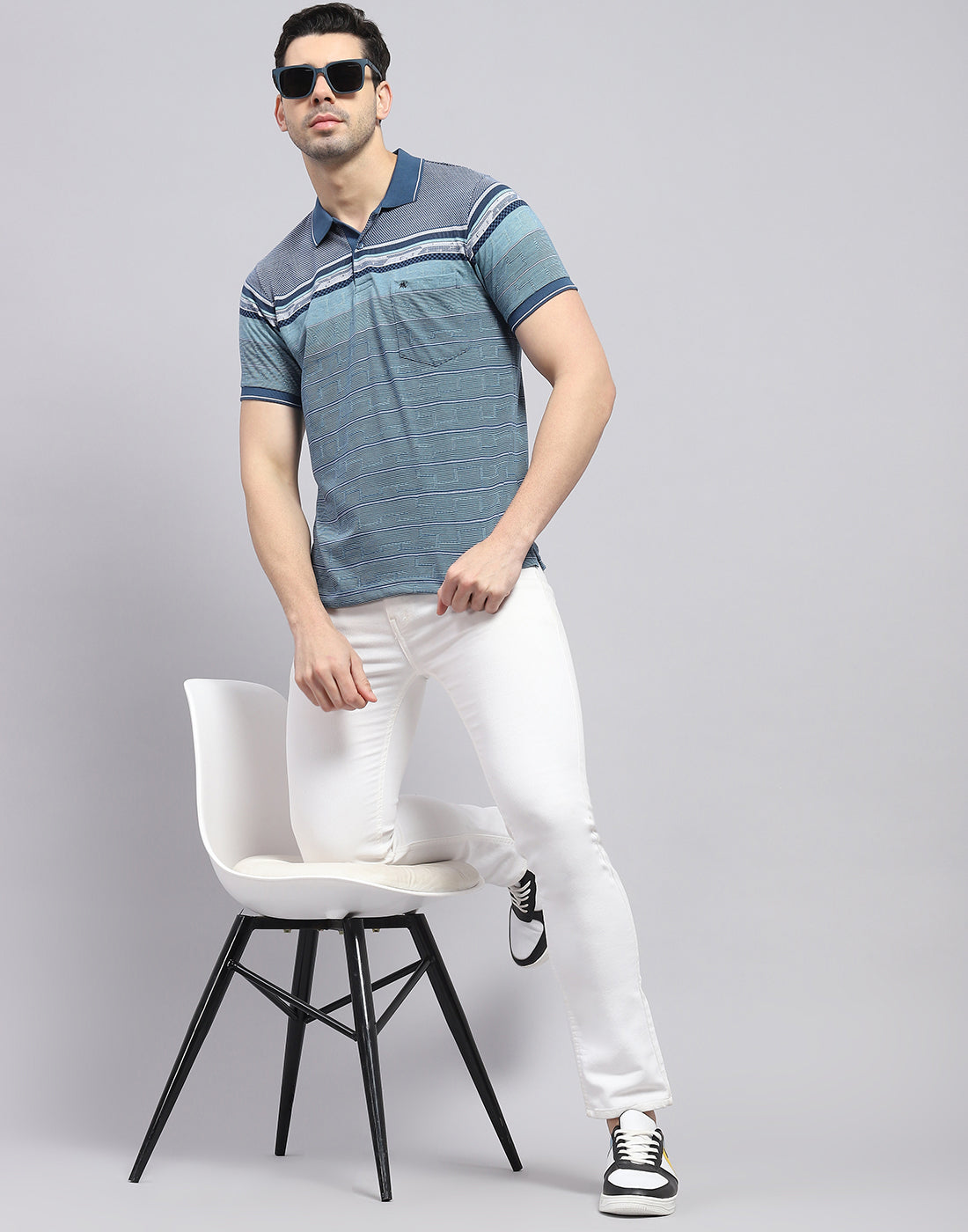 Men Blue Stripe Polo Collar Half Sleeve T-Shirt