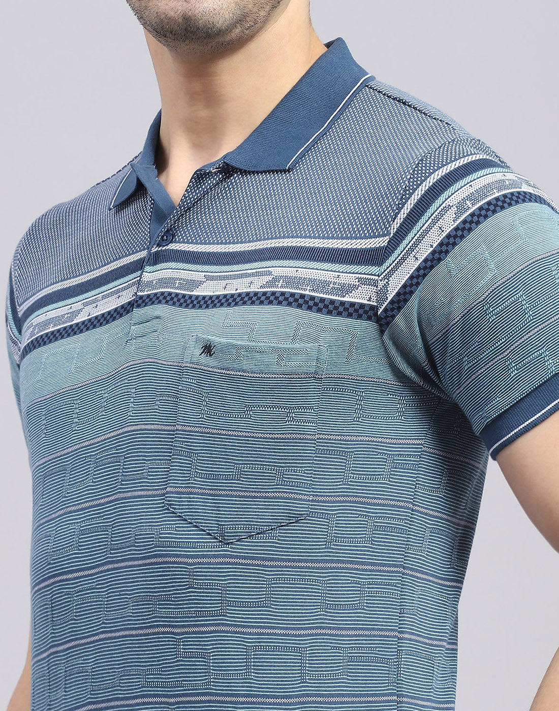 Men Blue Stripe Polo Collar Half Sleeve T-Shirt