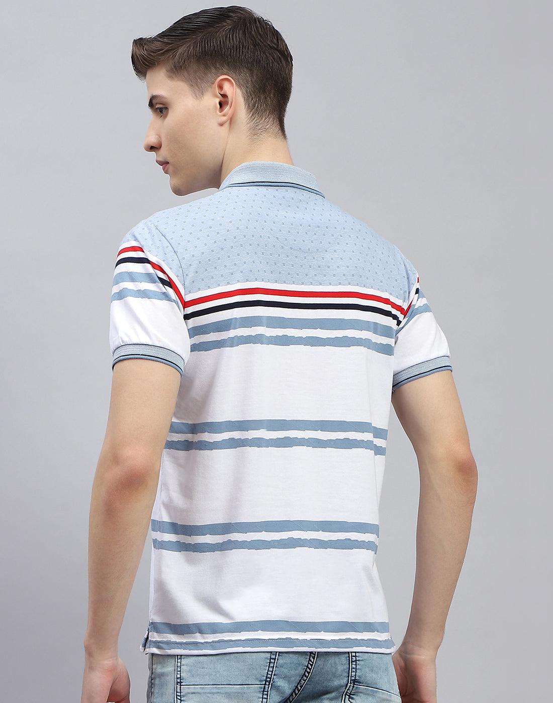 Men Blue Stripe Polo Collar Half Sleeve T-Shirt