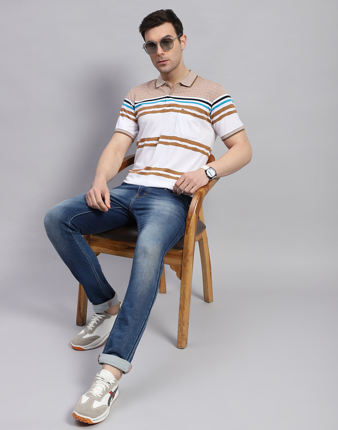 Men Peach Stripe Polo Collar Half Sleeve T-Shirt