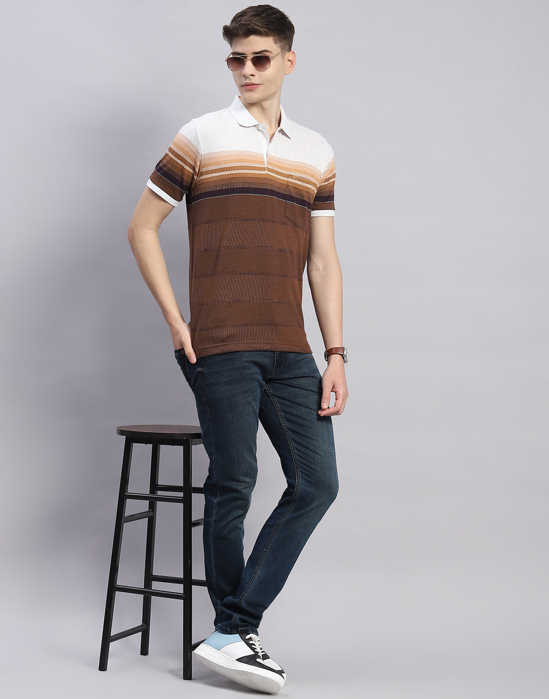 Men Brown Stripe Polo Collar Half Sleeve T-Shirt