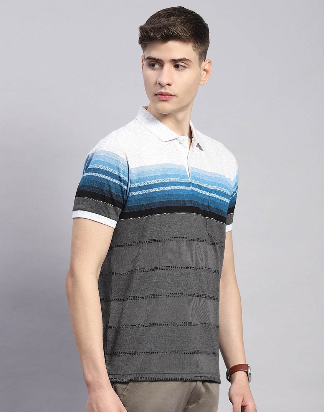Men Grey Stripe Polo Collar Half Sleeve T-Shirt