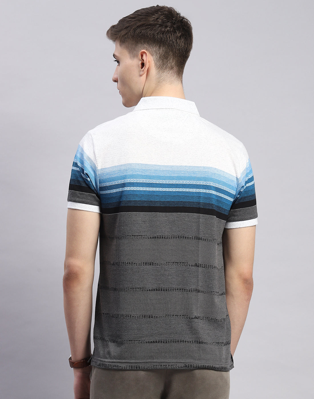 Men Grey Stripe Polo Collar Half Sleeve T-Shirt