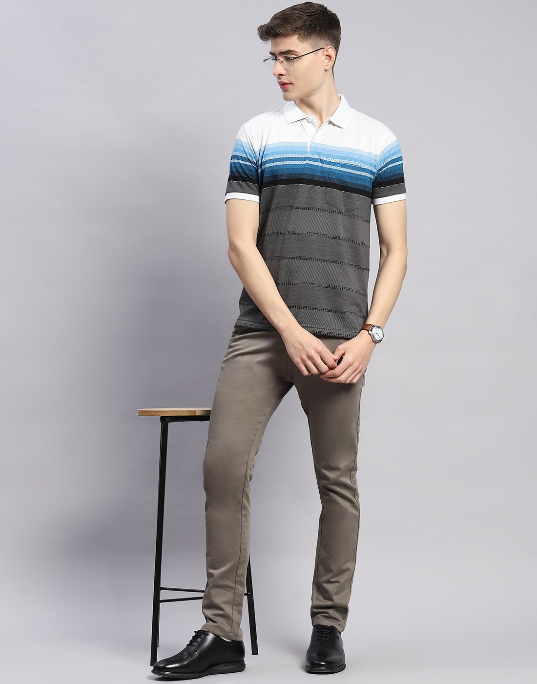 Men Grey Stripe Polo Collar Half Sleeve T-Shirt
