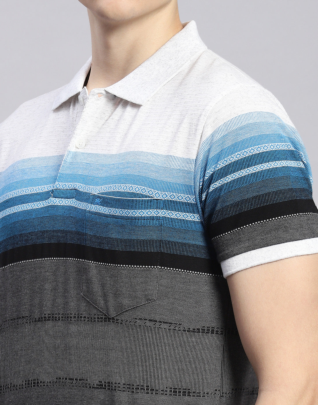Men Grey Stripe Polo Collar Half Sleeve T-Shirt