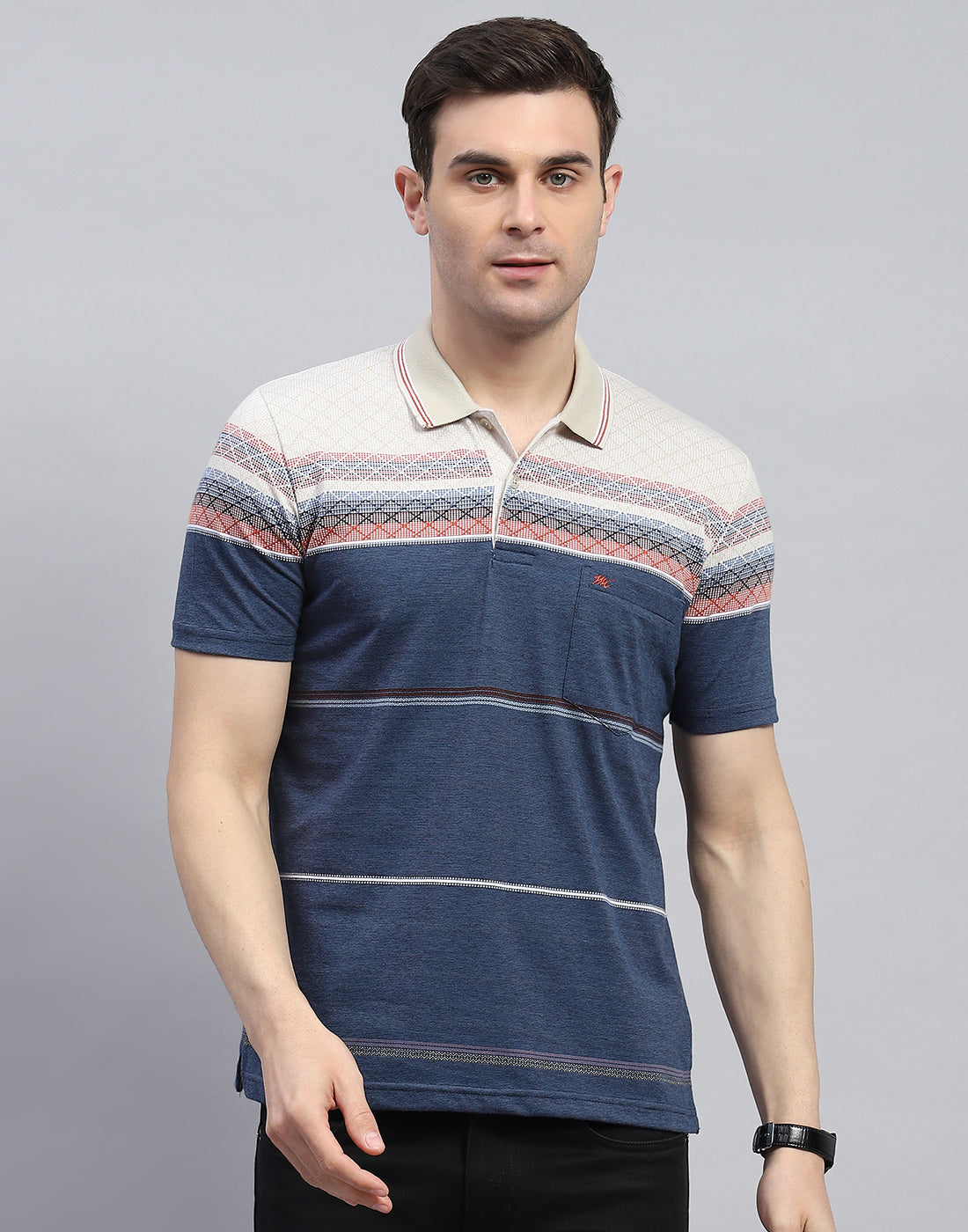 Men Navy Blue Stripe Polo Collar Half Sleeve T-Shirt