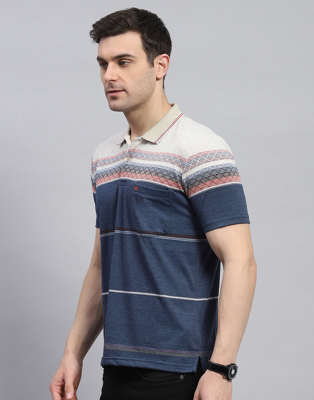 Men Navy Blue Stripe Polo Collar Half Sleeve T-Shirt