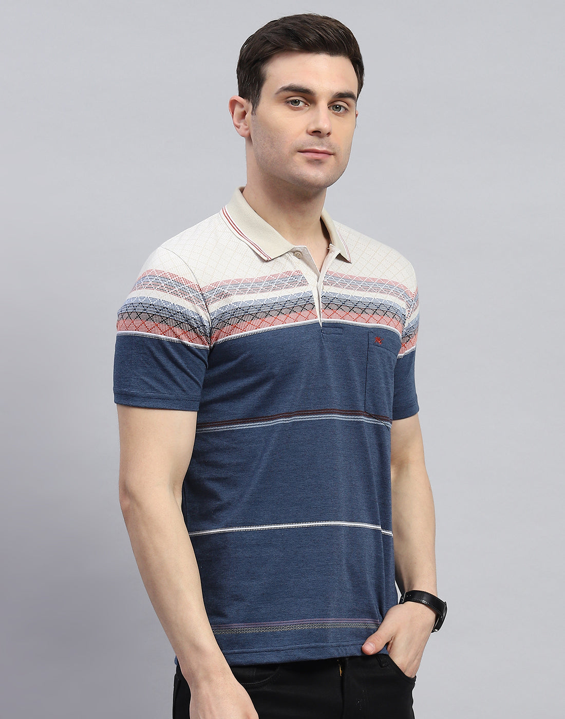 Men Navy Blue Stripe Polo Collar Half Sleeve T-Shirt