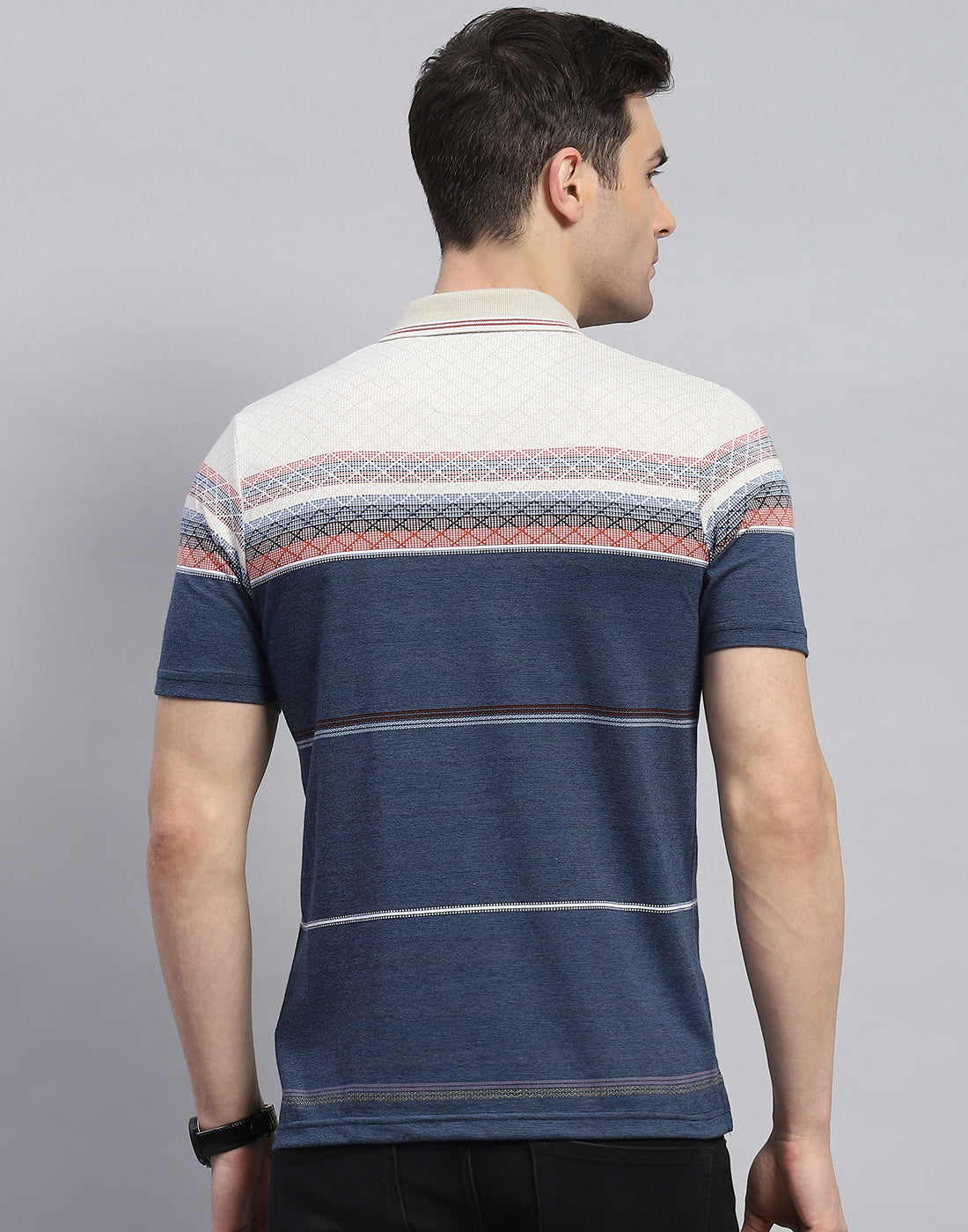 Men Navy Blue Stripe Polo Collar Half Sleeve T-Shirt