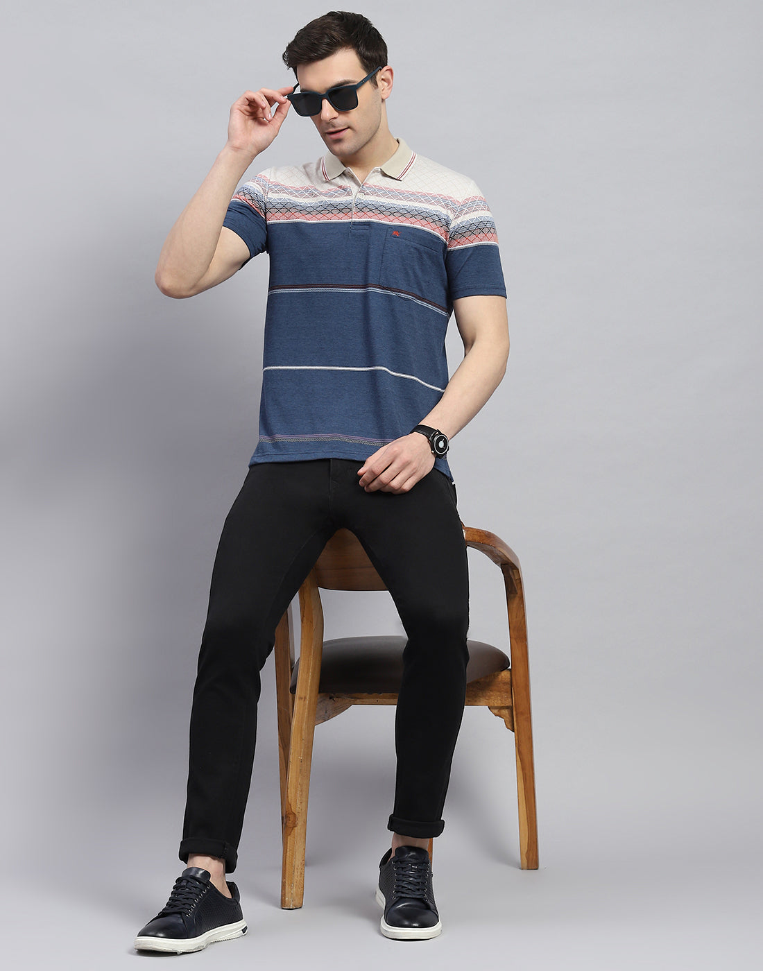Men Navy Blue Stripe Polo Collar Half Sleeve T-Shirt