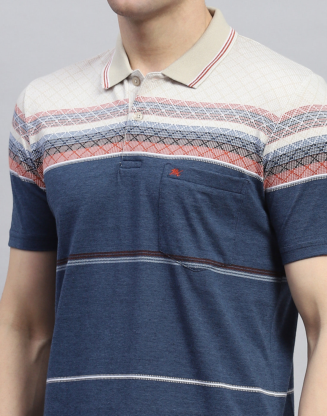 Men Navy Blue Stripe Polo Collar Half Sleeve T-Shirt