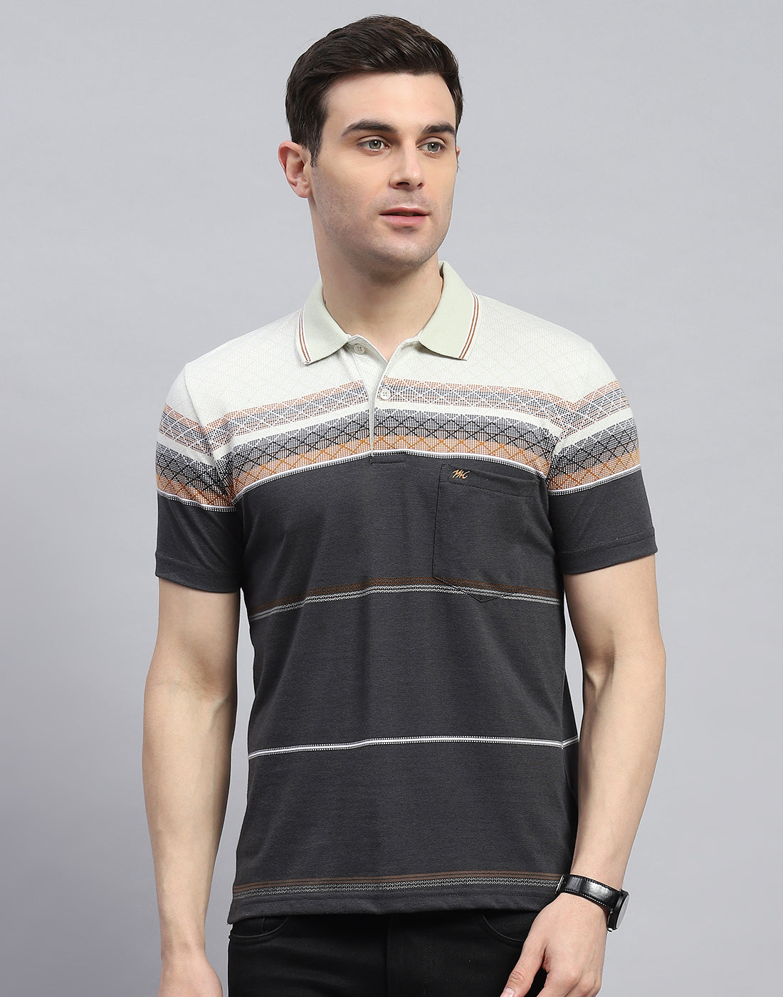 Men Charcoal Stripe Polo Collar Half Sleeve T-Shirt