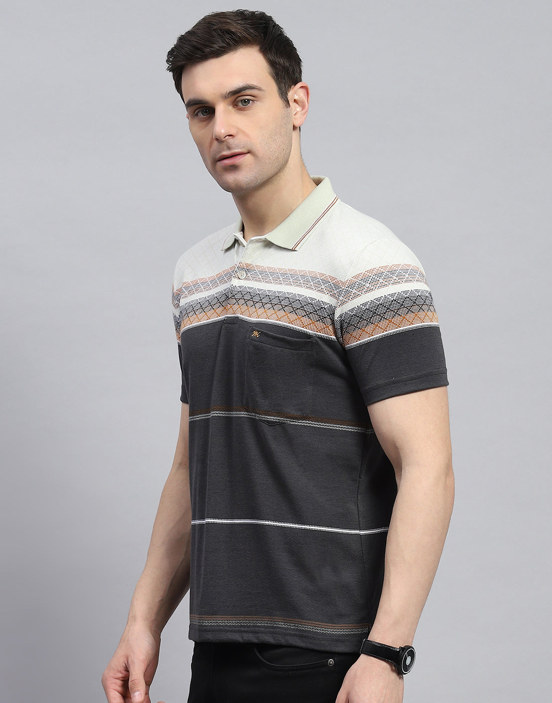 Men Charcoal Stripe Polo Collar Half Sleeve T-Shirt