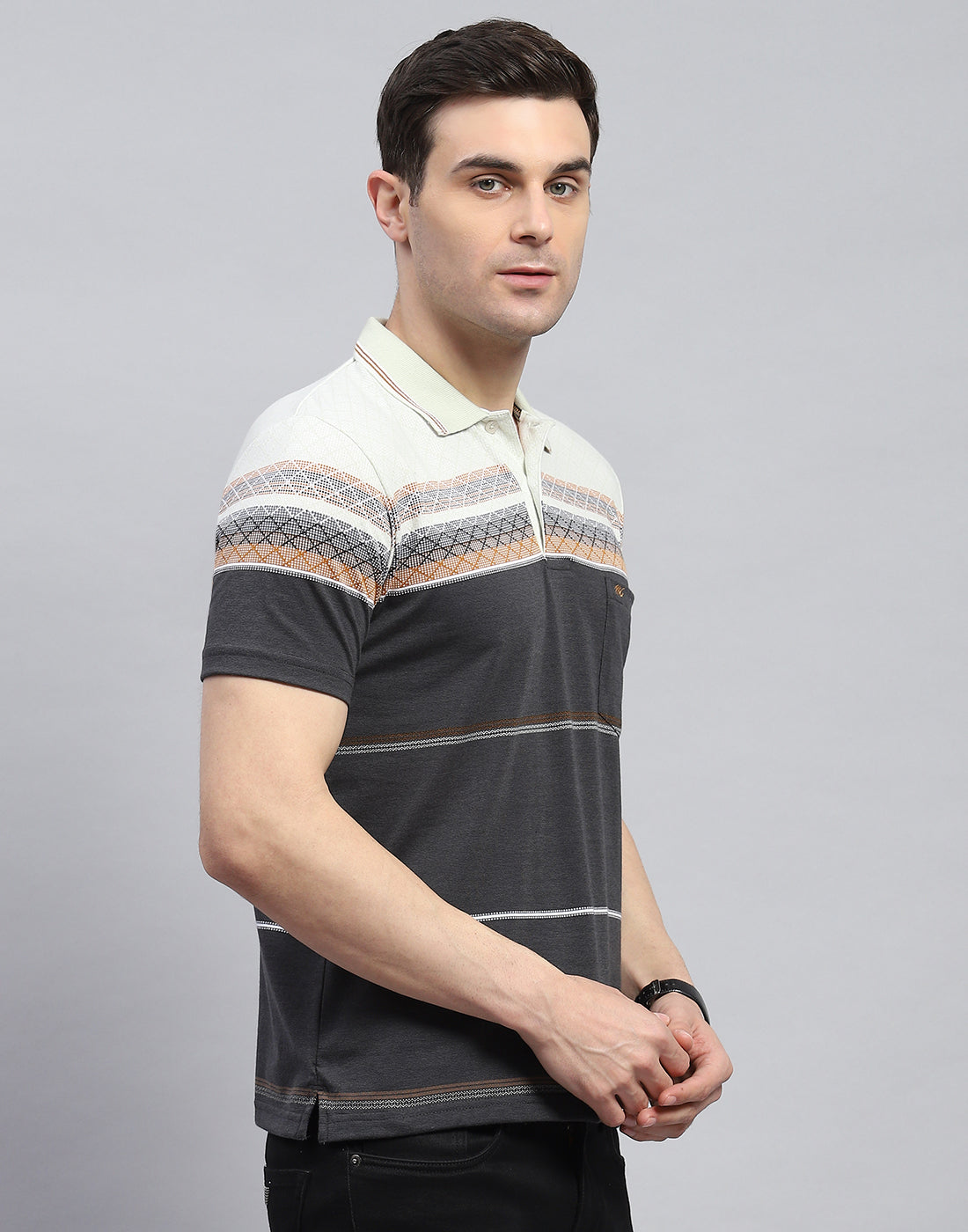 Men Charcoal Stripe Polo Collar Half Sleeve T-Shirt