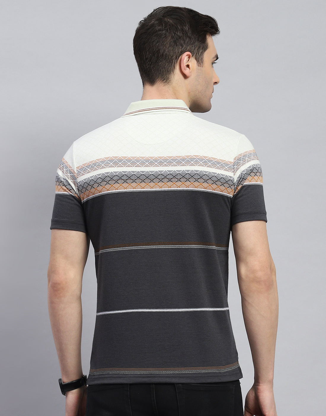 Men Charcoal Stripe Polo Collar Half Sleeve T-Shirt