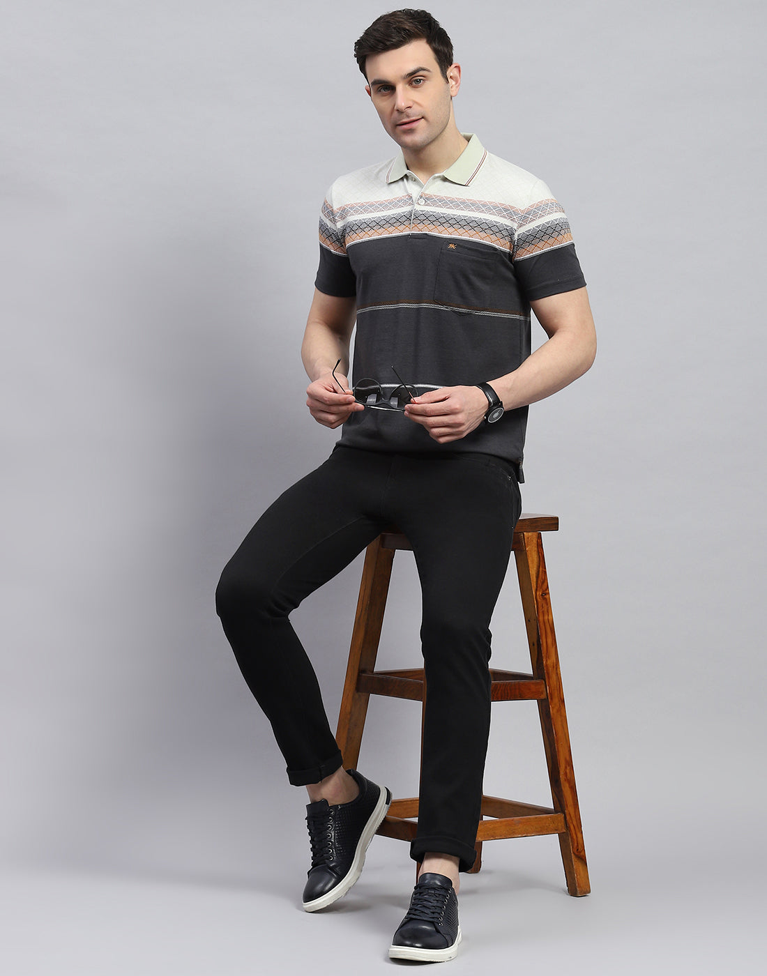 Men Charcoal Stripe Polo Collar Half Sleeve T-Shirt