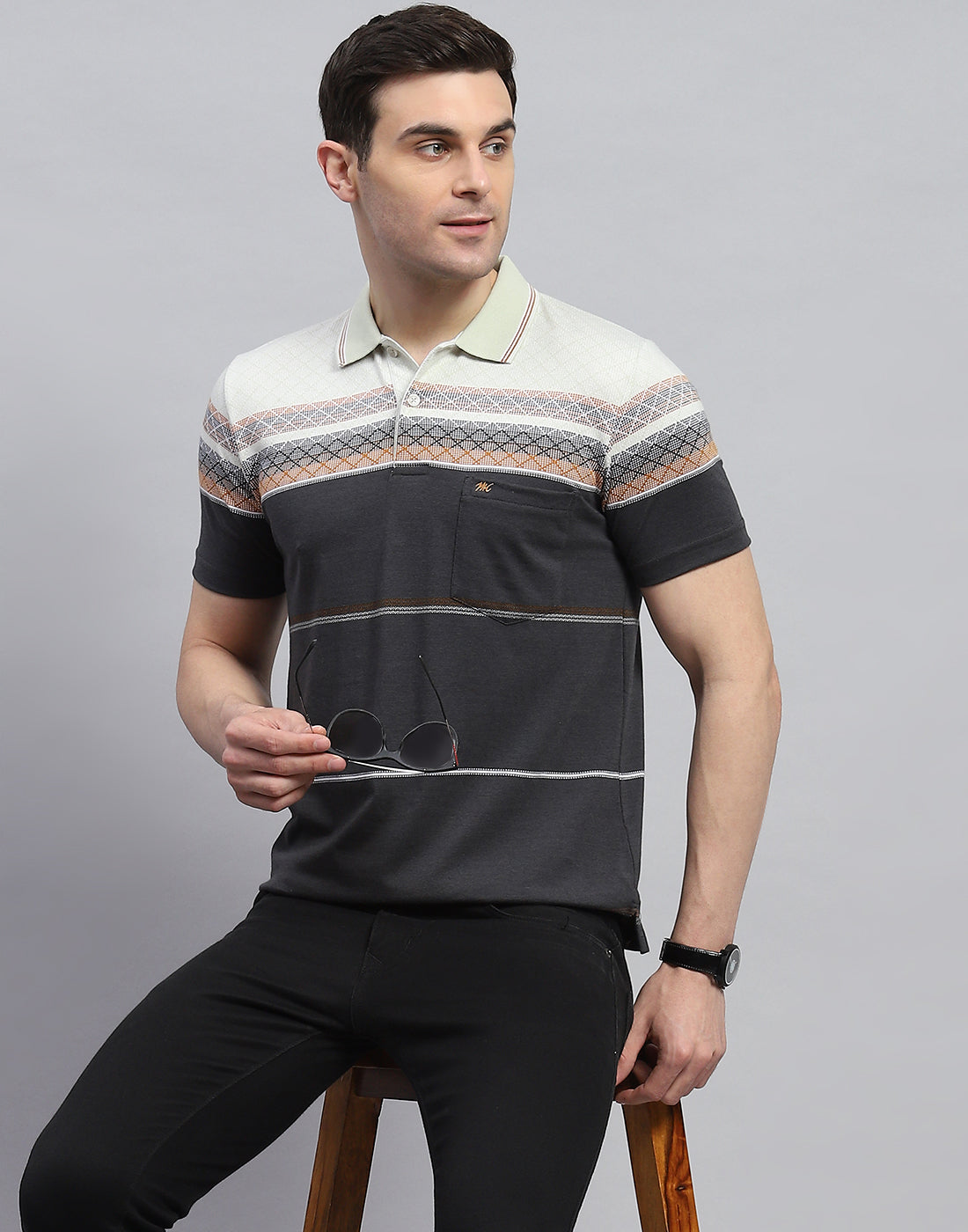 Men Charcoal Stripe Polo Collar Half Sleeve T-Shirt