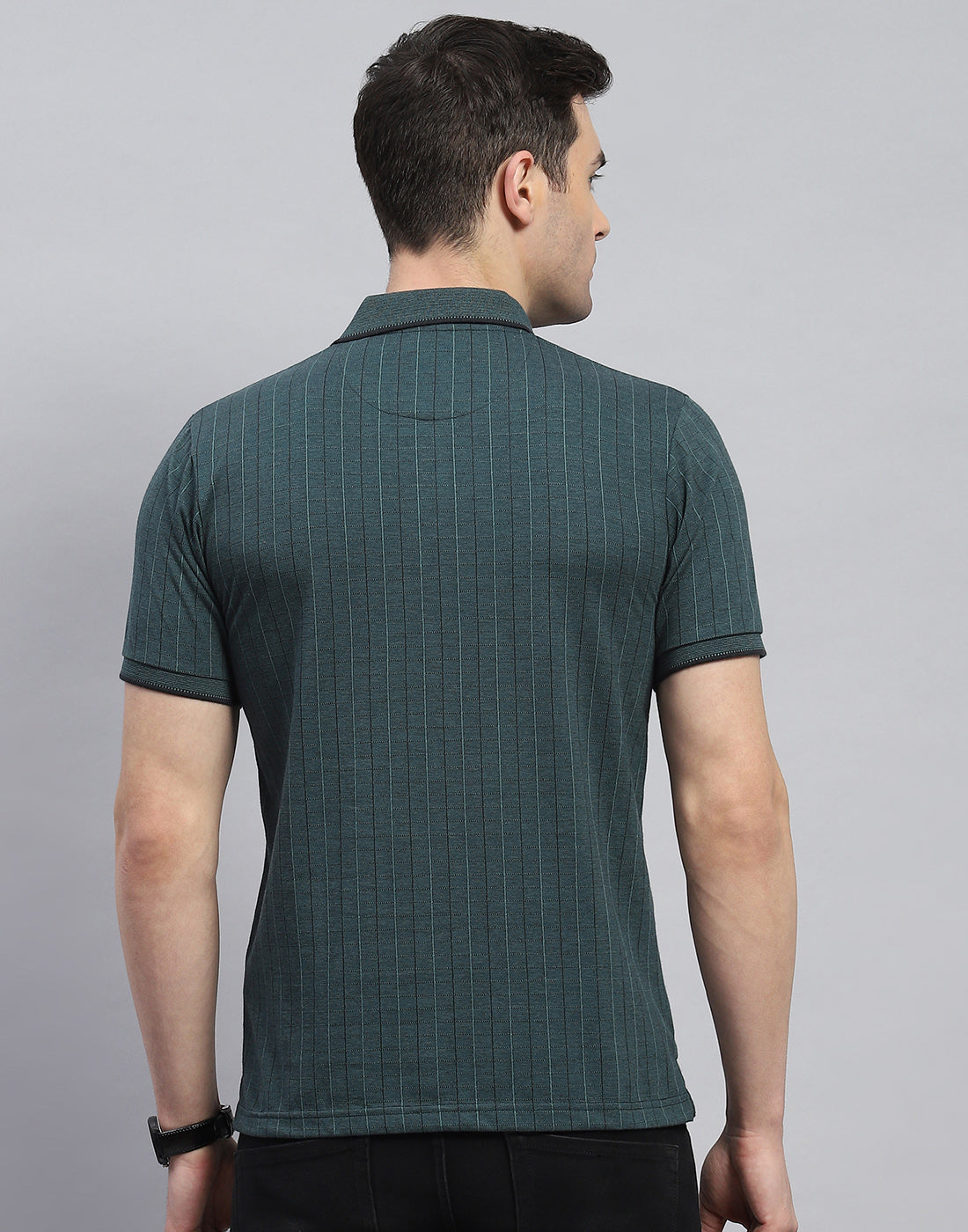 Men Green Stripe Polo Collar Half Sleeve T-Shirt
