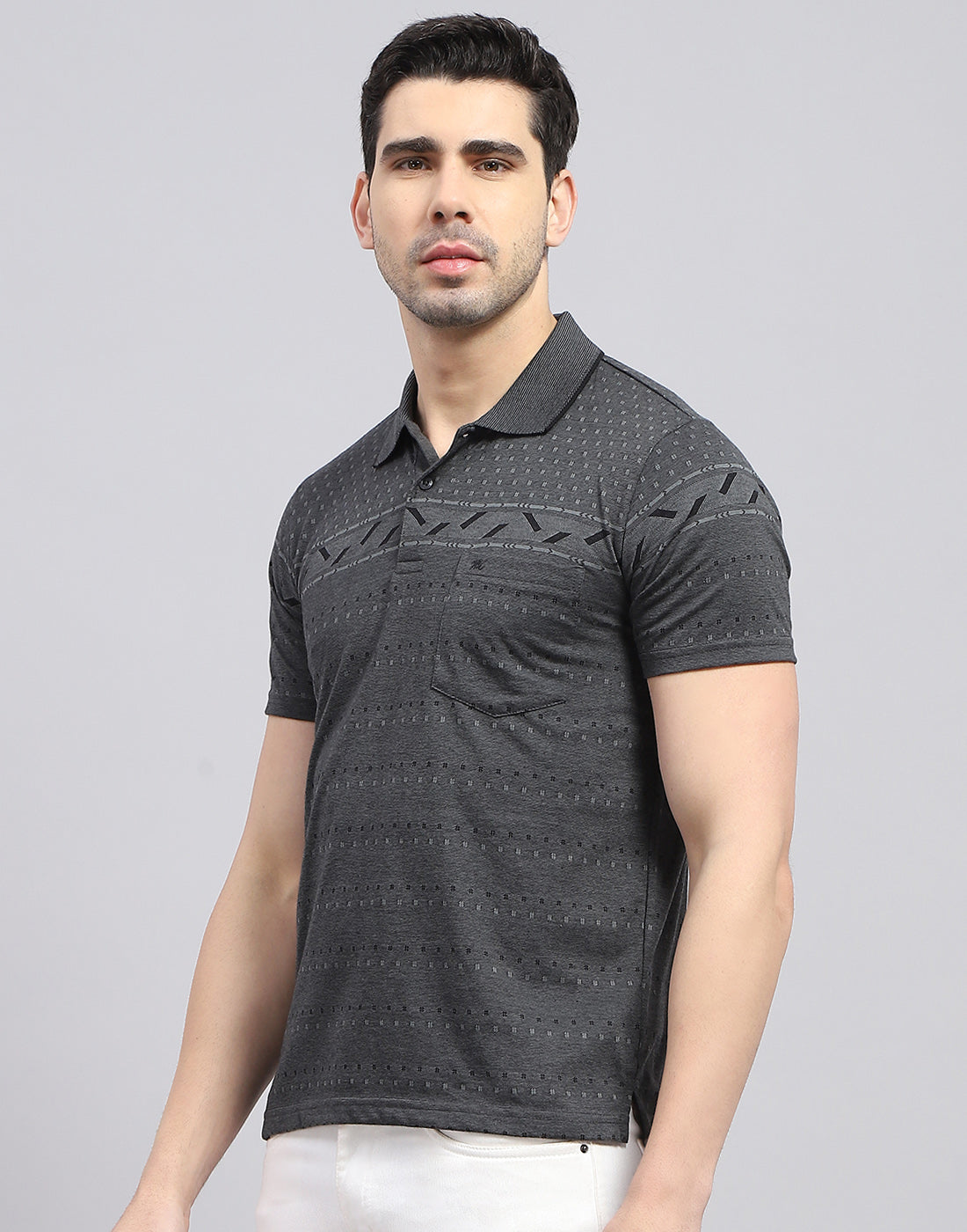 Men Charcoal Printed Polo Collar Half Sleeve T-Shirt