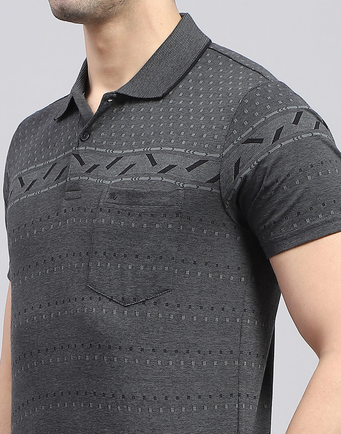 Men Charcoal Printed Polo Collar Half Sleeve T-Shirt