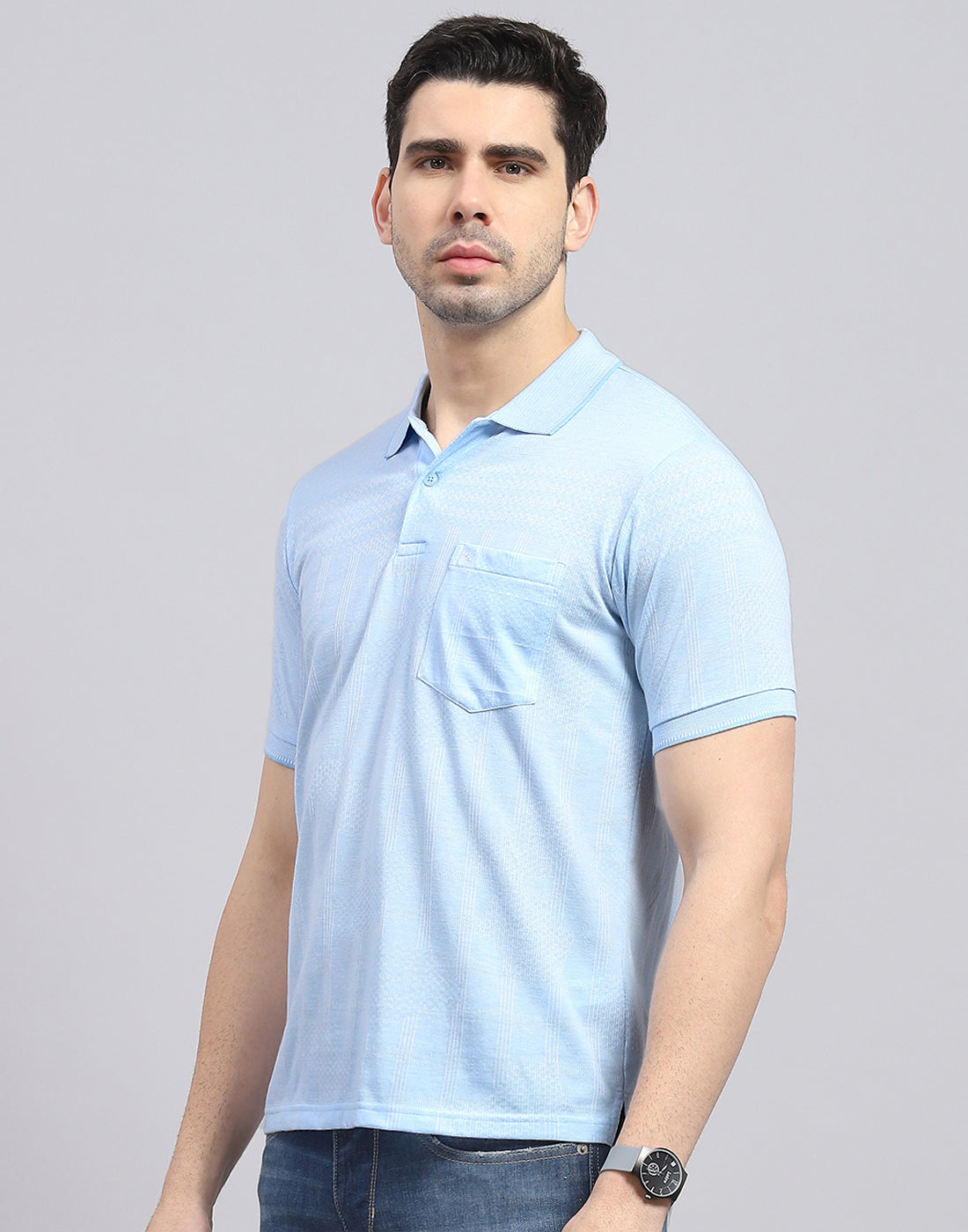 Men Blue Printed Polo Collar Half Sleeve T-Shirt