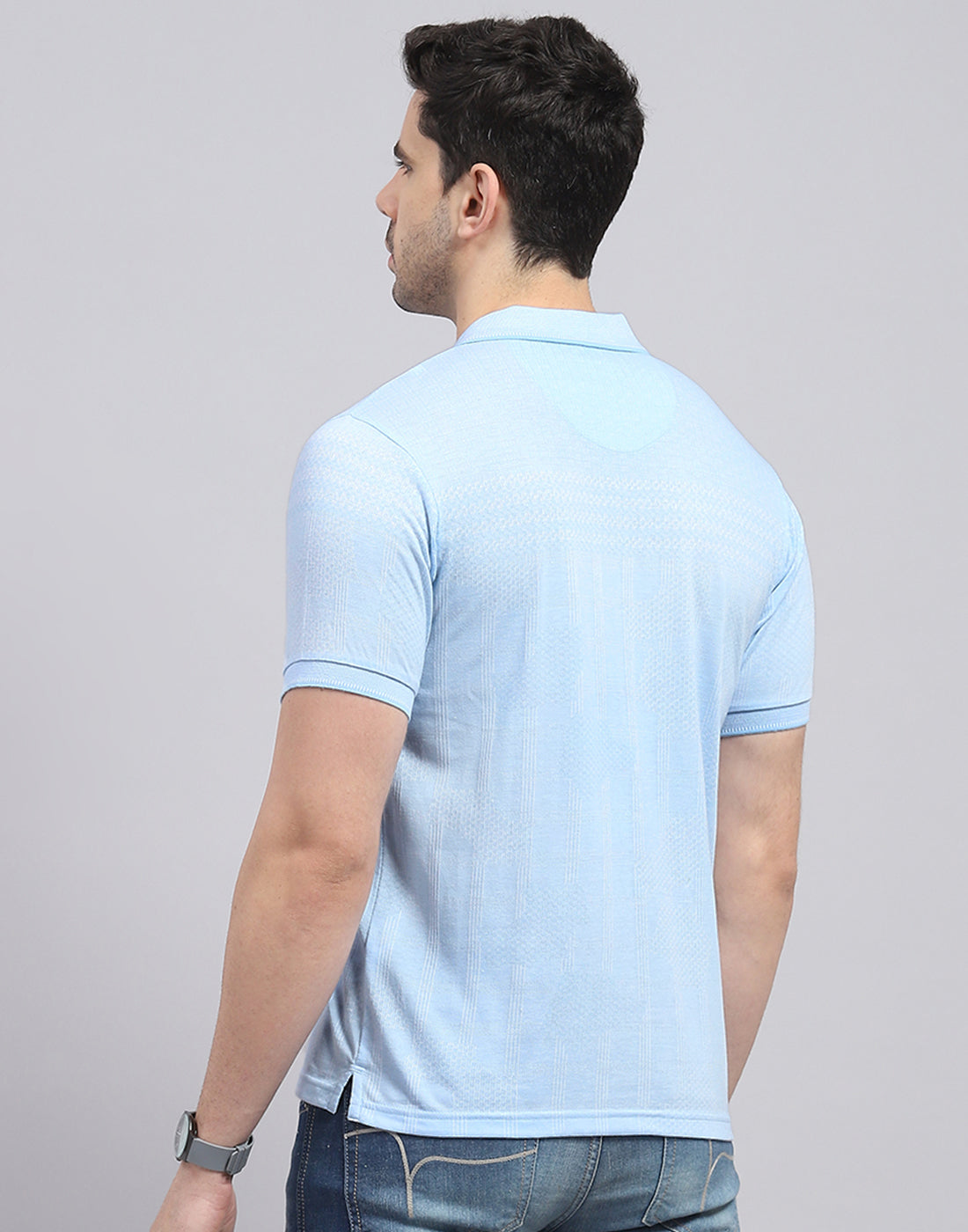 Men Blue Printed Polo Collar Half Sleeve T-Shirt