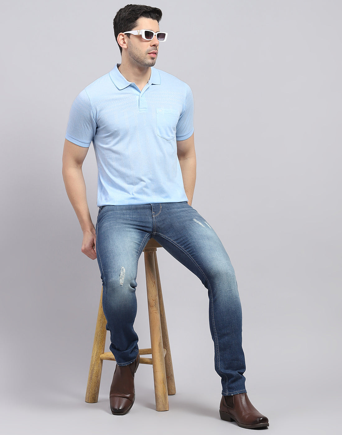 Men Blue Printed Polo Collar Half Sleeve T-Shirt