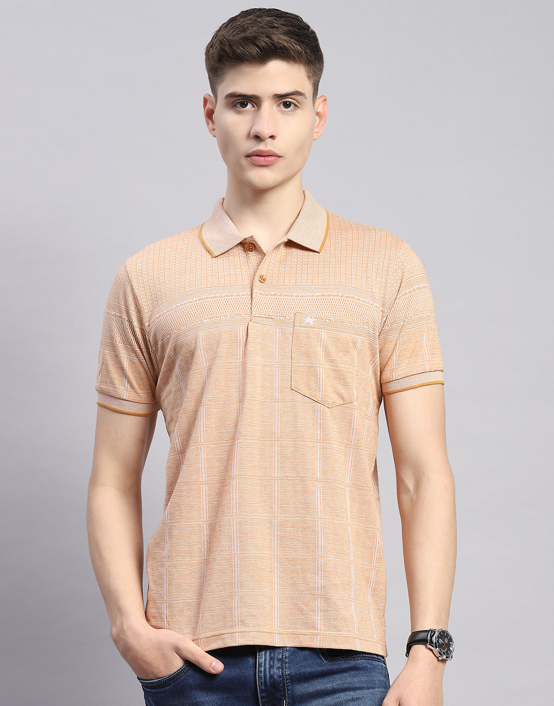 Men Beige Stripe Polo Collar Half Sleeve T-Shirt