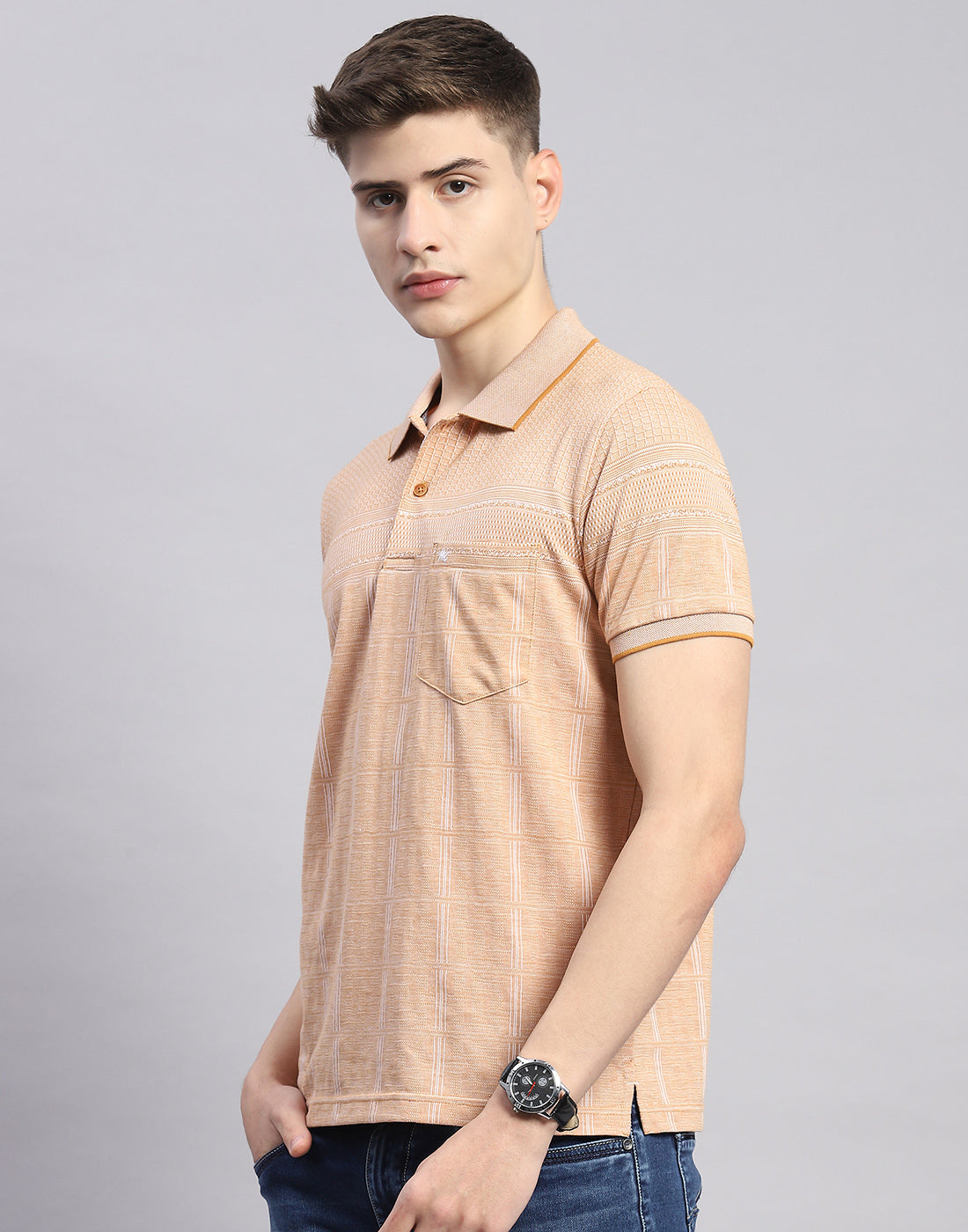 Men Beige Stripe Polo Collar Half Sleeve T-Shirt