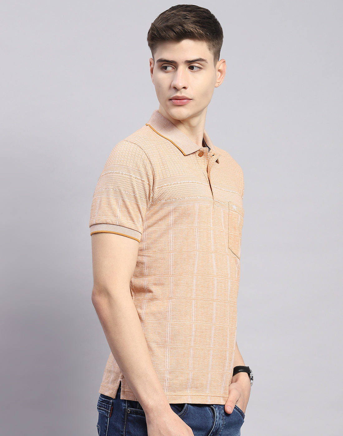 Men Beige Stripe Polo Collar Half Sleeve T-Shirt