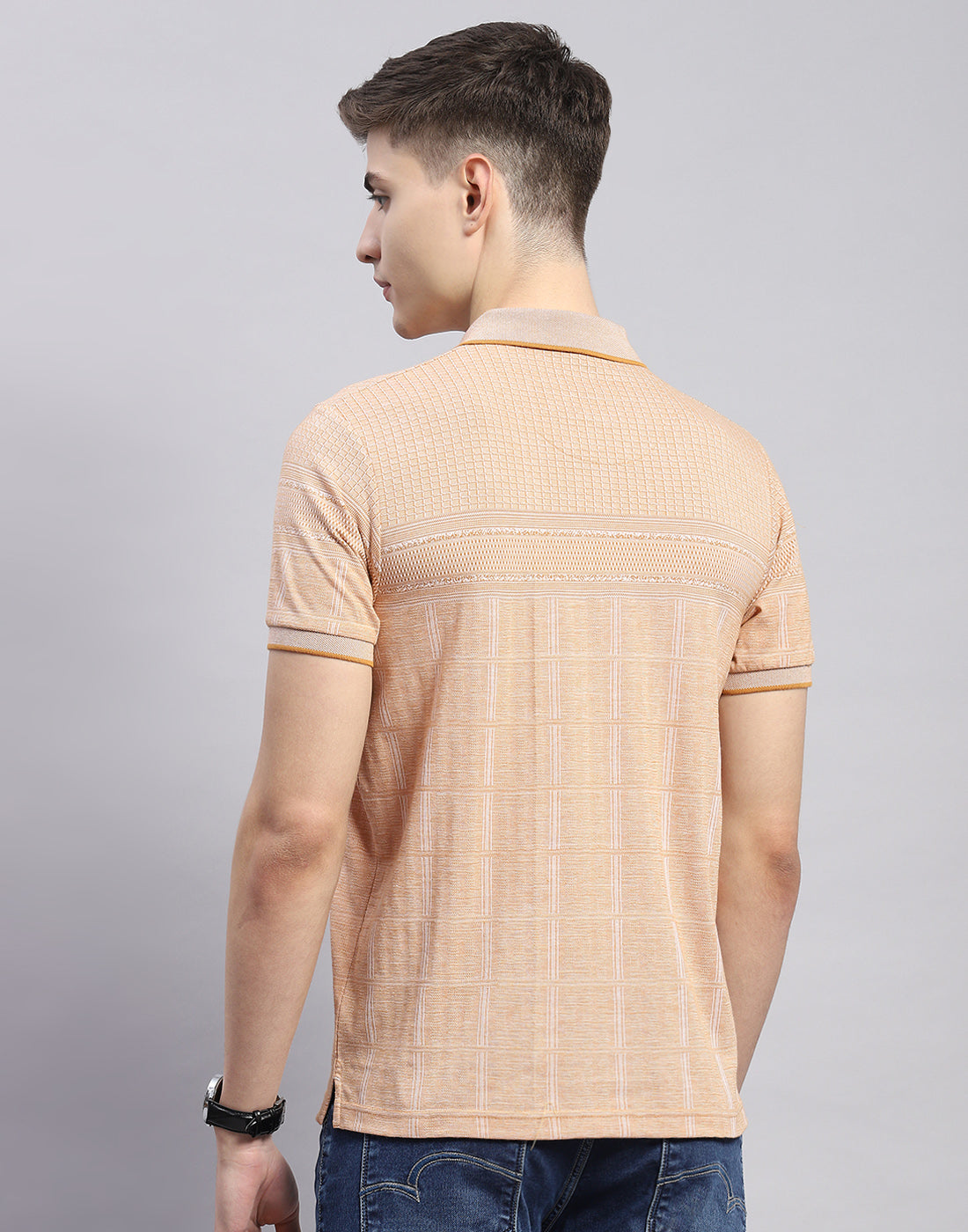 Men Beige Stripe Polo Collar Half Sleeve T-Shirt