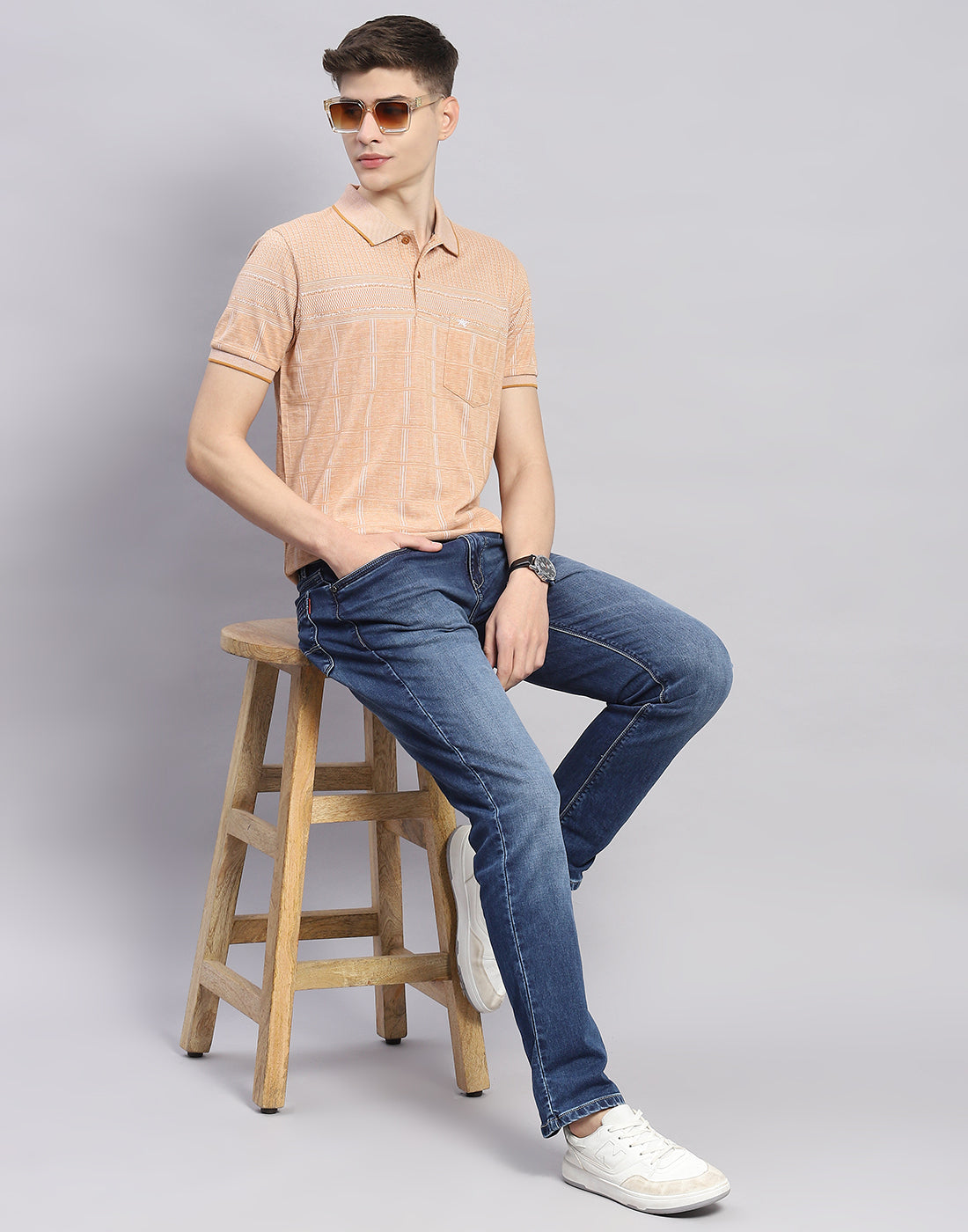 Men Beige Stripe Polo Collar Half Sleeve T-Shirt